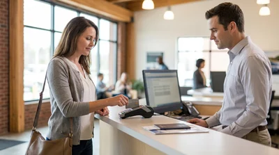 Customer inserting a credit card into a payment terminal at a car hire counter in Pennsylvania
