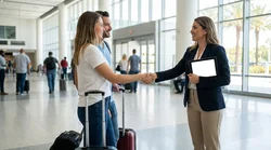 Smiling agent greeting a customer next to a car hire vehicle at Miami Airport