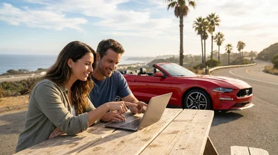 A white car rental driving along a sunny coastal highway in California