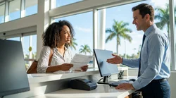 Customer holding keys and documents next to a white car rental vehicle in Florida