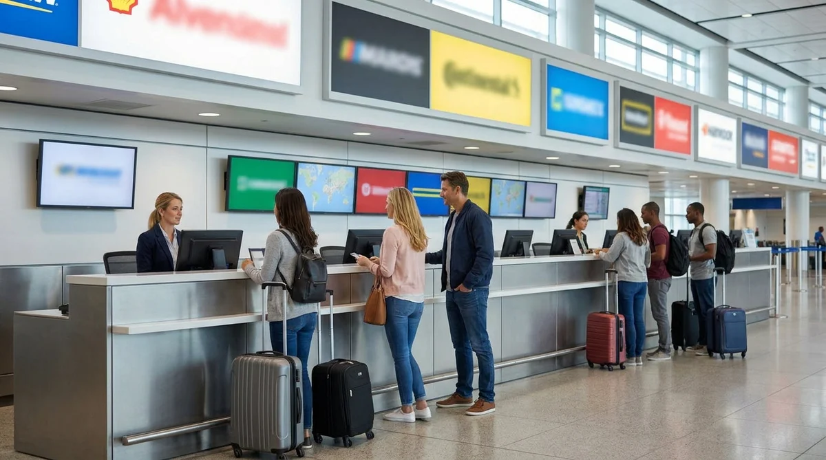 Travelers standing in line at a shared car hire counter inside a New York airport terminal