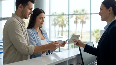 Close up of hands exchanging a driver's license and keys at a car rental desk in California