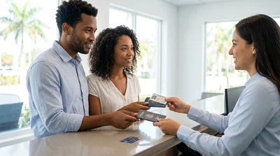 Two people showing their driver licenses to a clerk at a car hire desk in Miami