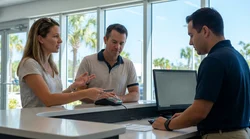 Customer handing a credit card to a staff member at a car rental counter in Florida
