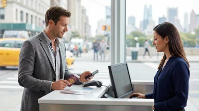 Customer receiving keys from an agent at a New York car rental desk
