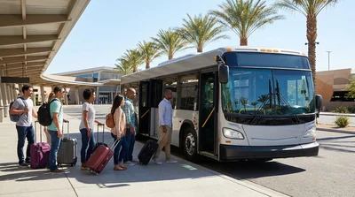 Traveler pulling a suitcase toward a car rental shuttle bus outside the Las Vegas airport