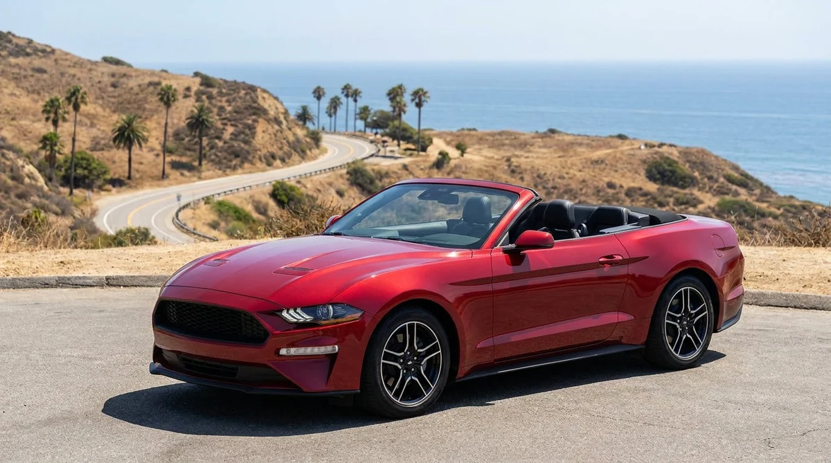 Modern gas-powered car rental driving on a scenic coastal highway in California
