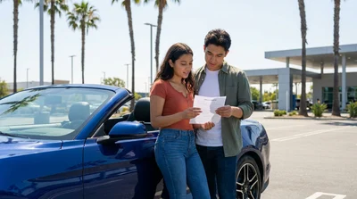 Young friends driving a car rental down a sunny palm-lined street in Los Angeles