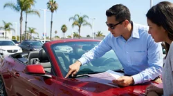 Person holding a contract and checking the dashboard VIN of a car rental in a California parking lot