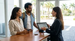 Person handing a credit card to an agent at a Miami car rental counter