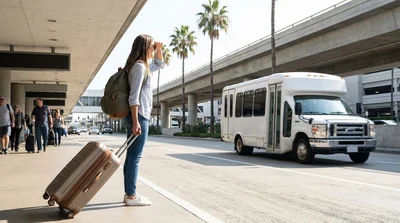 People with luggage boarding a car rental shuttle outside LAX Terminal 8 in Los Angeles
