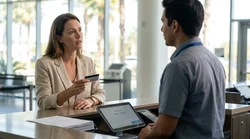 Hands exchanging a credit card and car keys at a car hire desk in Miami