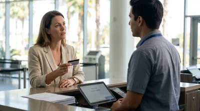 Hands exchanging a credit card and car keys at a car hire desk in Miami