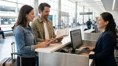 Customer showing travel documents at an airport car rental desk in Pennsylvania