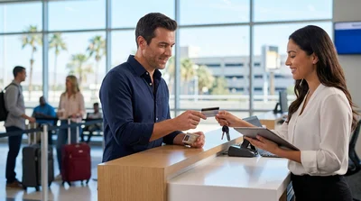 Driver holding a credit card and keys next to a car hire vehicle in Las Vegas