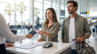 Traveler presenting a passport at a car rental desk in Los Angeles