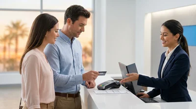 Customer entering a PIN on a credit card terminal at a car rental desk in Las Vegas