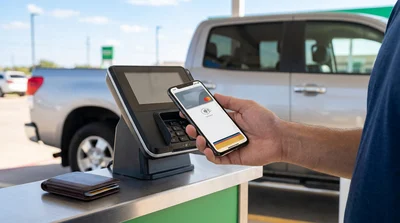 Close up of hands holding a smartphone with a digital wallet at a car hire desk in Texas