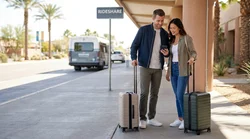 Travelers with luggage waiting for a car rental shuttle bus outside the Las Vegas airport terminal