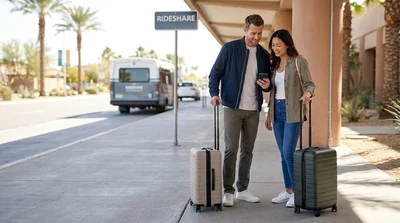 Travelers with luggage waiting for a car rental shuttle bus outside the Las Vegas airport terminal