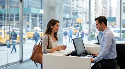 Close-up of a customer hand holding a charge card at a New York car rental counter
