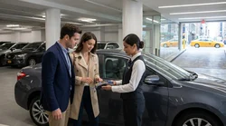 Customer handing a credit card to an agent at a car rental desk in New York