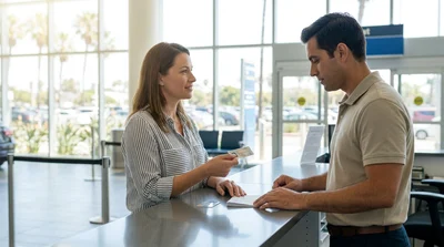 Person showing a driving licence at a car rental counter in California