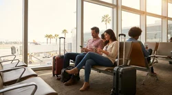 Travelers with suitcases at the LAX arrivals curb in Los Angeles waiting for a car hire shuttle