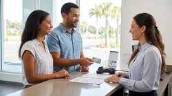 Close-up of a person handing a credit card to a clerk at a car hire counter in Florida