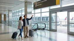 Traveler walking with luggage towards a car hire sign at a New York airport
