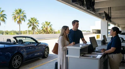 A smiling customer receiving keys from an agent at a car hire desk in Orlando