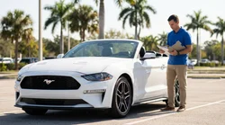 White car rental parked on a sunny coastal road lined with green palm trees in Florida