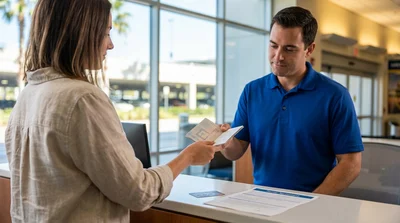 Traveler handing a passport to an agent at an Orlando car rental counter