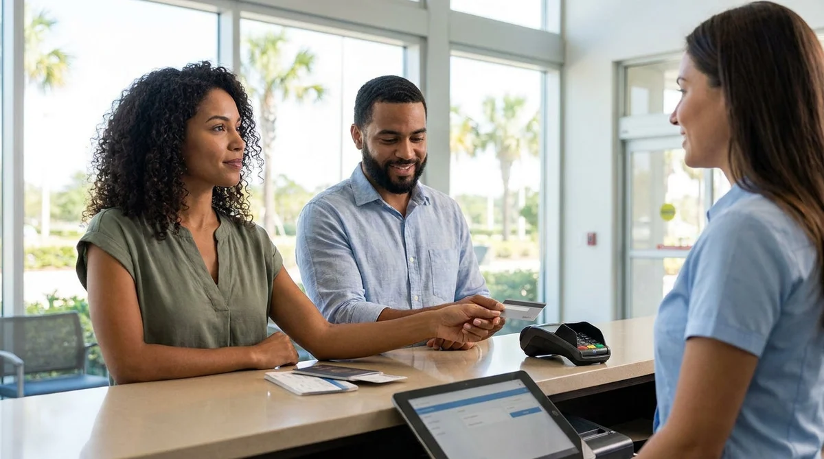 Person handing a credit card to a customer service agent for a car rental in Orlando