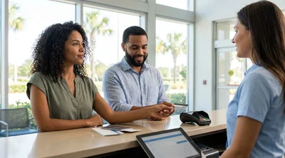 Person handing a credit card to a customer service agent for a car rental in Orlando