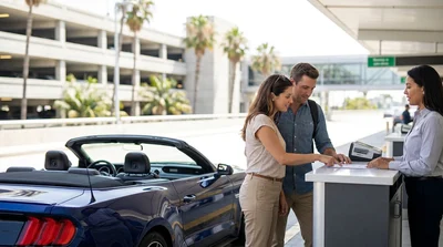 Person driving a car rental on a Los Angeles freeway passing an overhead toll road sign