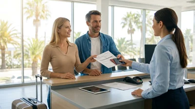 A traveler handing paperwork to an agent at a car rental counter in Orlando