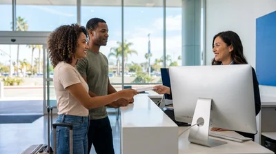 Person receiving keys across a service counter for a car rental in California