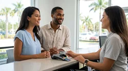 Customer handing a credit card to an agent at a car hire desk in Florida