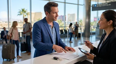 A customer receiving keys from an agent at a Las Vegas car rental counter