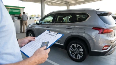 Customer paying with a credit card at a car rental desk in the United States