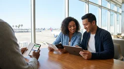 Person showing a smartphone screen to an agent at a car rental desk in Los Angeles