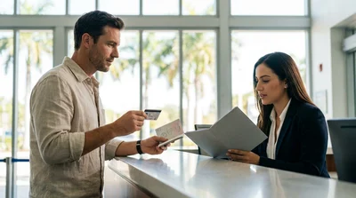 Person handing a foreign driver's license to an agent at a car rental counter in Florida