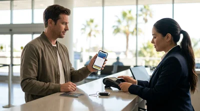 Close-up of a person holding a smartphone over a payment terminal at a Los Angeles car hire counter