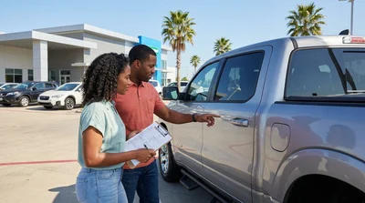 Person reading car rental paperwork on a clipboard next to a parked vehicle in Texas