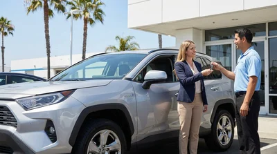 A modern hybrid car rental driving along a sunny coastal highway in California