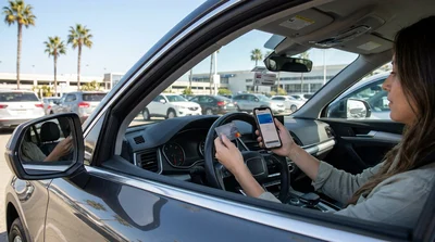Silver car rental passing under a digital toll scanner on a sunny California freeway