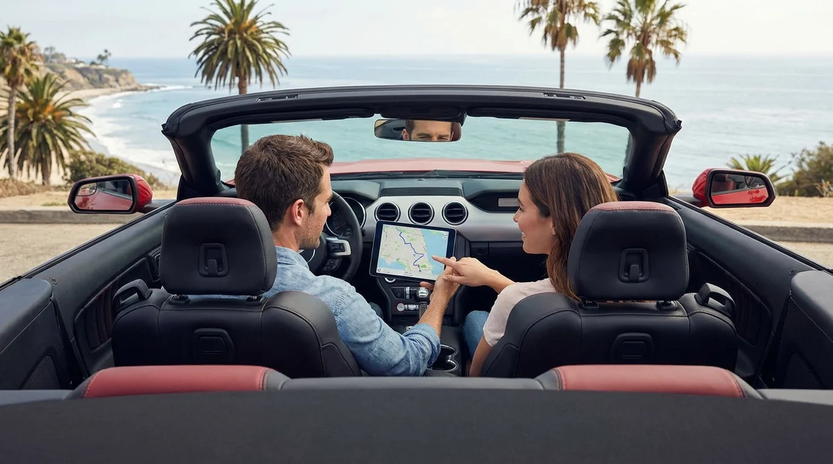White car rental driving on a scenic coastal highway in California under a clear blue sky