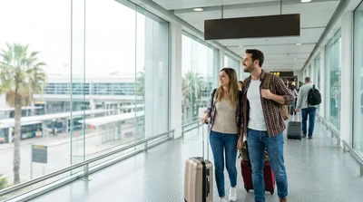 Travelers with luggage walking under an overhead car rental sign in a San Francisco airport terminal