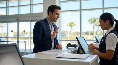 Customer receiving keys from an agent at a car rental counter in Orlando